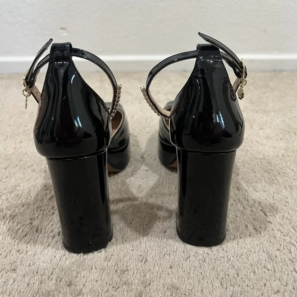 Maje Patent Leather Platform Black Heels size 38 Rhinestone Ankle Y2K Retro